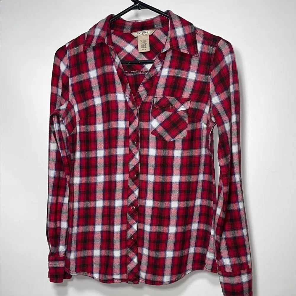 Arizona Jean Company Red and White Plaid Button-Up Shirt